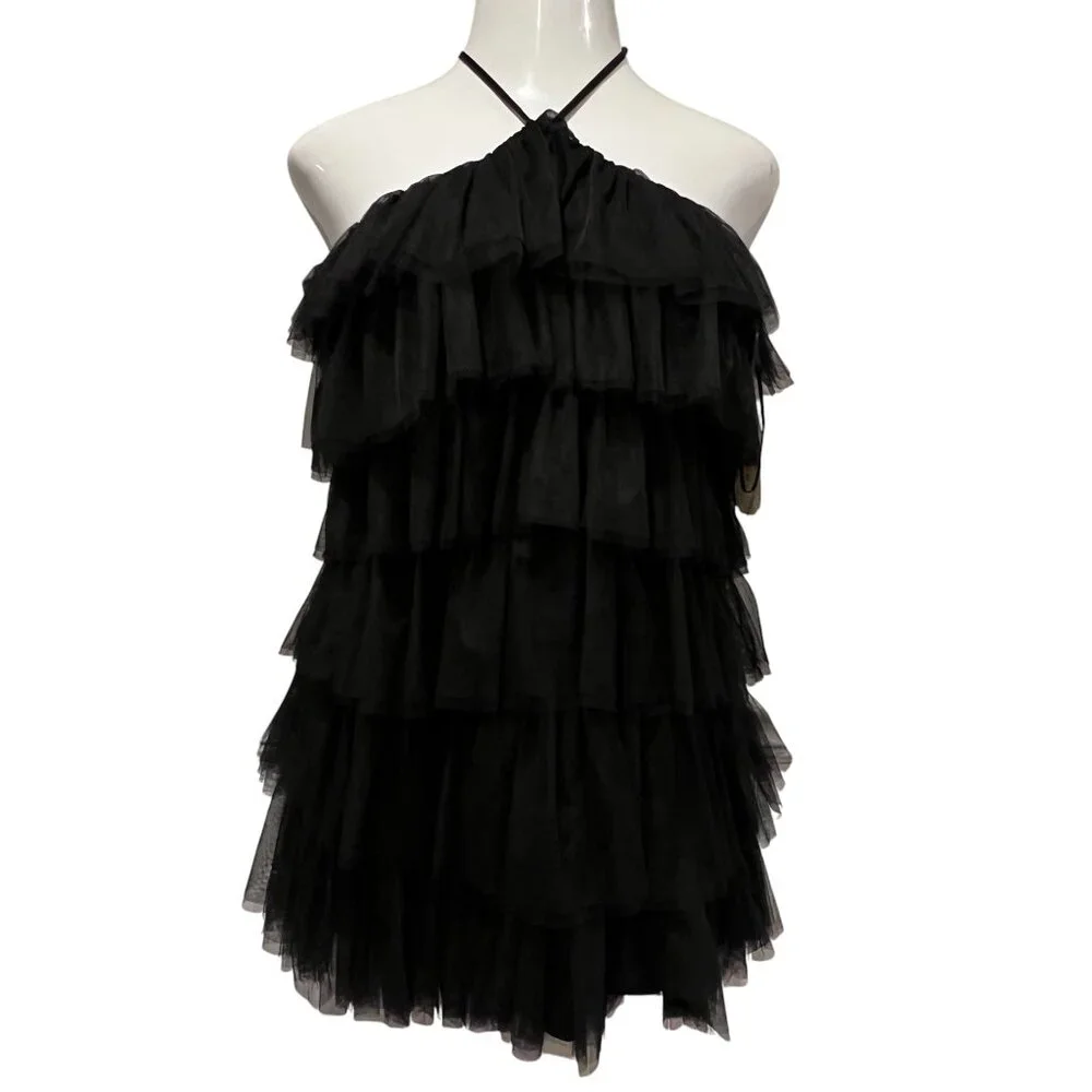 Altar'd State Tiered Tulle Halter Mini Dress, NWT, Black, S